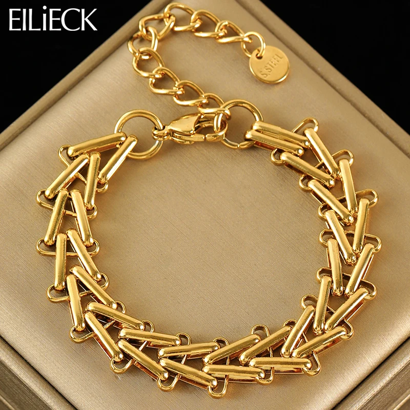 EILIECK 316L Stainless Steel Geometric Thick Chain Bracelet Bangles For Women Trendy 18K Gold Plated Waterproof Jewelry Gift