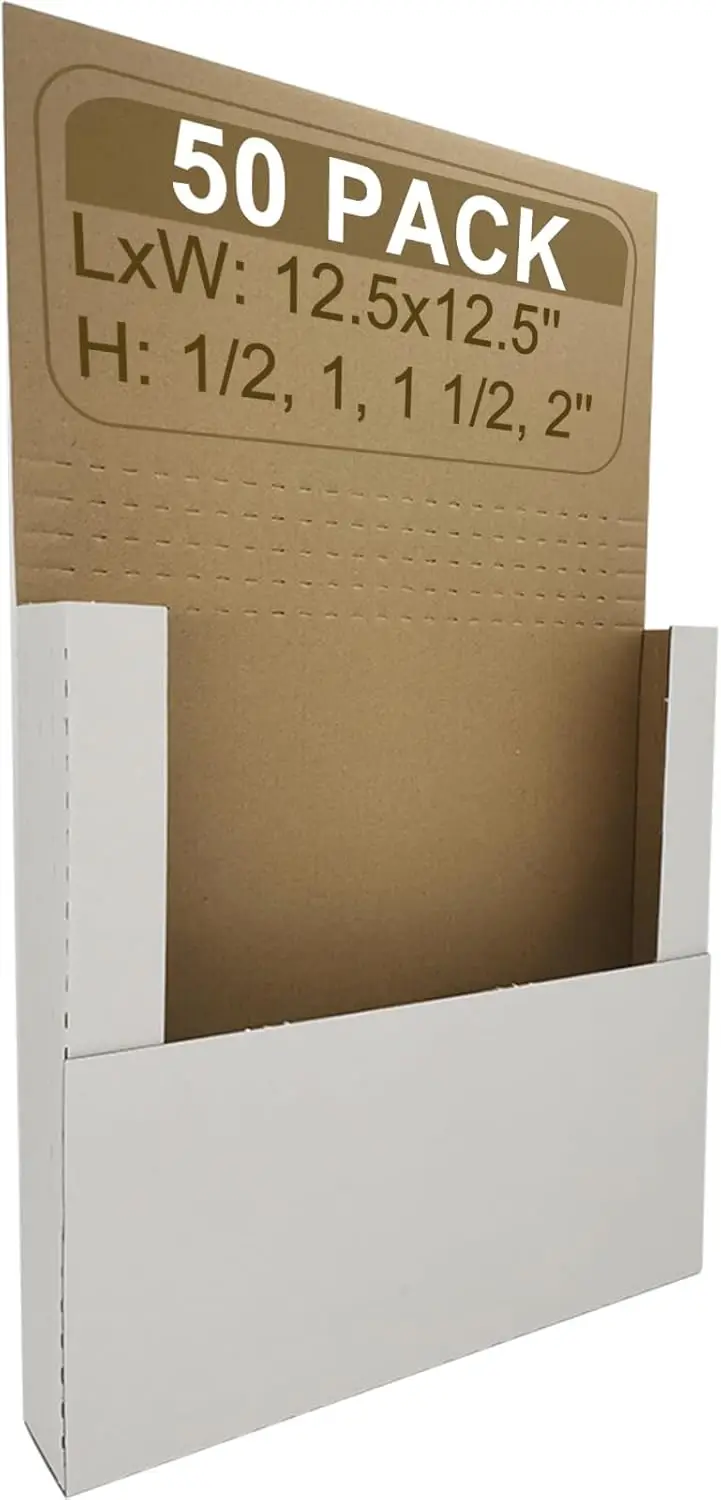 

50 Pack Vinyl Record Shipping Box Mailers, 12.5" x 12.5" x 2", Perfect for 12-inch LP Album, Height Adjustable Cardboard, White
