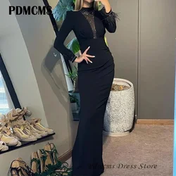 SSYTENS Arabic Women Evening Dresses Modest High Neck Long Sleeve Feather Ankle Length Silk Prom Gowns Shiny Wedding Party Simpl