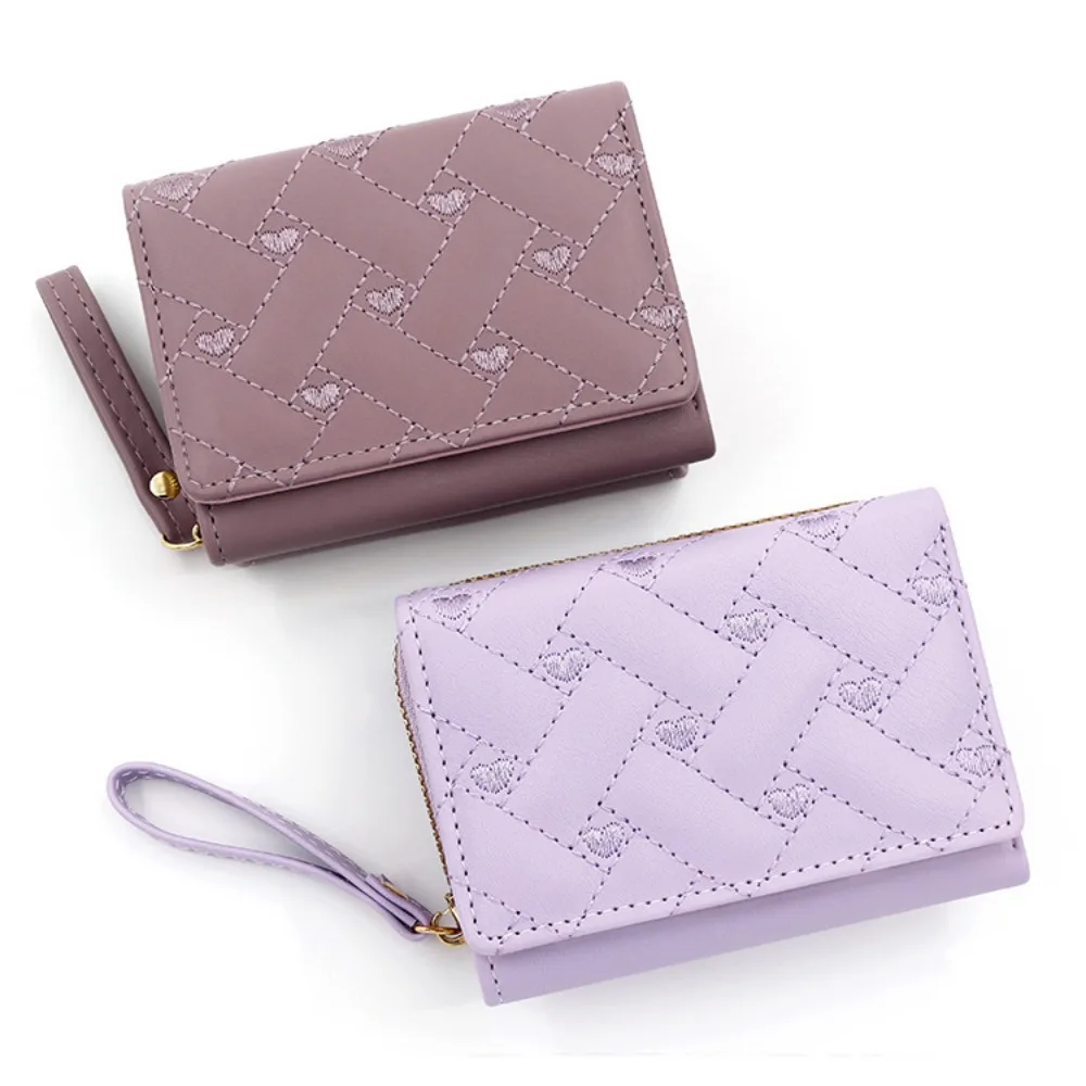 Snap PU Leather Love Embroidered Wallet Large Capacity Zips Triple Fold Bag Versatile Card Holder Multi Card Wallet Women