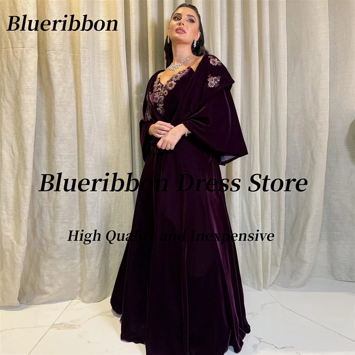 Blueribbon-فساتين A Line من القطيفة الناعمة للنساء ، الحفلات المسائية ، مزينة بالخرز على شكل قلب ، فستان حفلة موسيقية ، دبي ، فساتين أعياد الميلاد