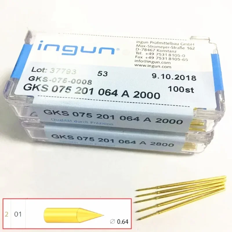 

100PCS INGUN Probe GKS075 201 064 A2000/A2800 Pointed 1.02mm Outer Diameter Total Length 33.35mm ICT Spring Test Probe