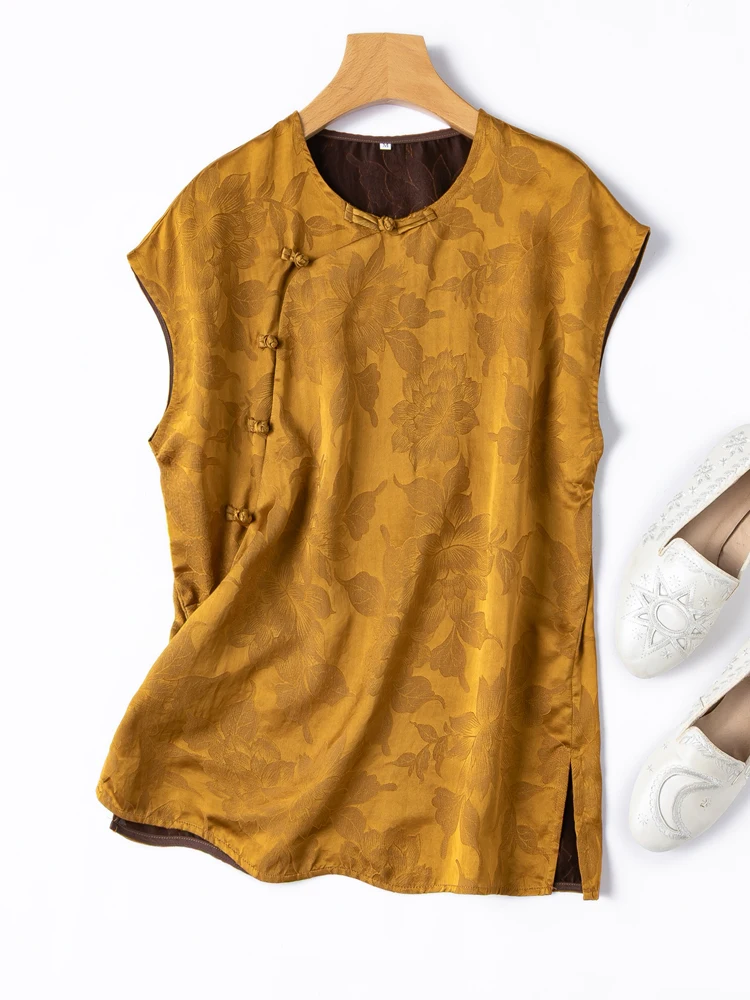 2025 المرأة الصيف الجديدة تنفس 100% التوت الطبيعي الحرير عبق سحابة الغزل الفني الجديد النمط الصيني زر الذهب