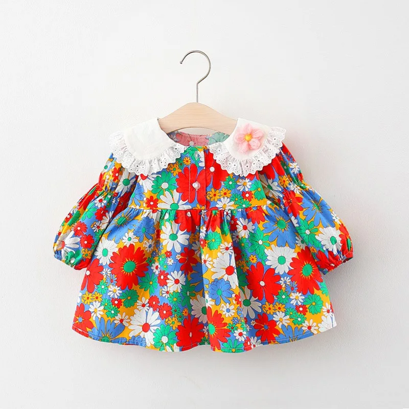 2023 New Autumn Long Sleeve Dresses Girls From 1 to 4 Years Floral Flower Kids Dresses for Girls Cotton Children Clothes Girl