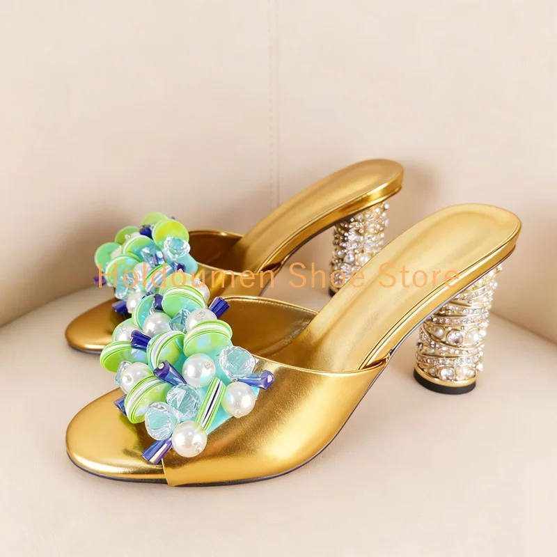 

Color Blocking Sequins String Bead Decor Stylish Peep Toe Elegant Slippers Diamond-Encrusted Round Heel Luxury Mule Slippers