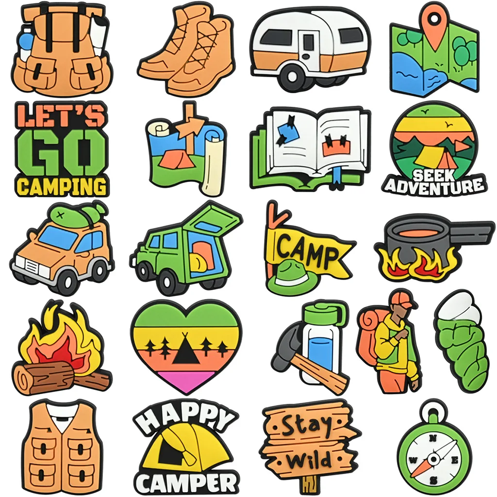 1/21Pcs Outdoor Camping Adventure PVC Shoe Charms Camper Van Hiking Gear Decor For Slides Sandals Clog Shoes DIY Accessories