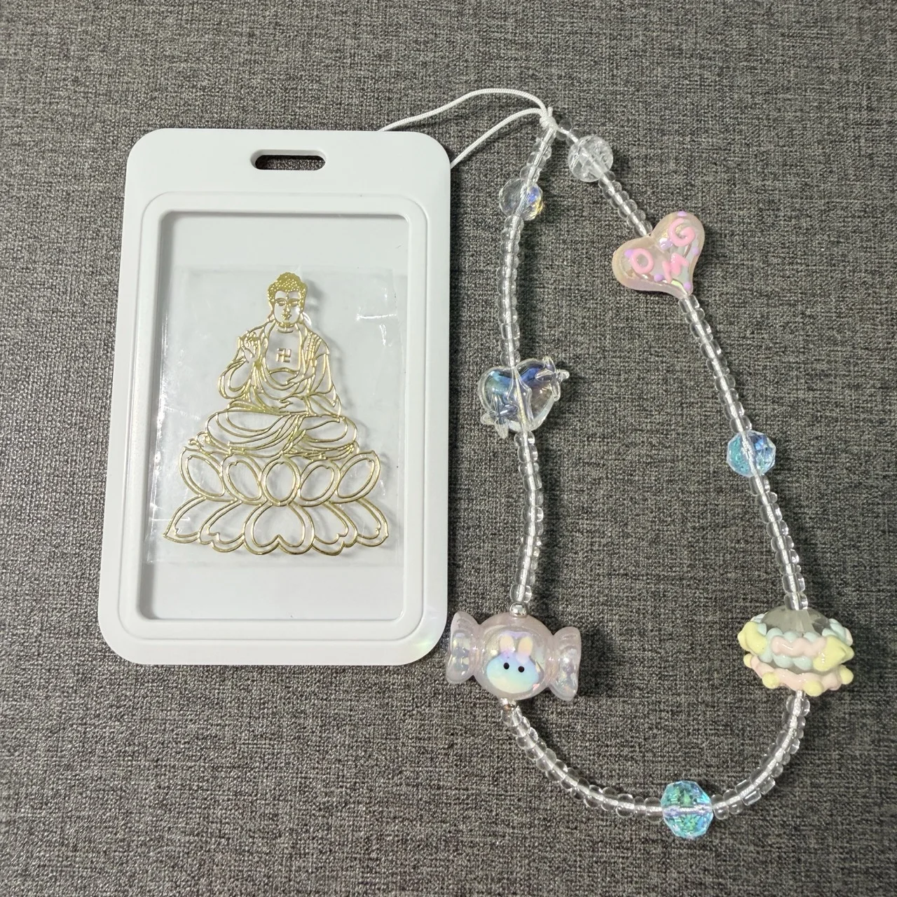 Candy Style Buddha Pattern Metal Phone Sticker Leather Lanyard Anti-lost Lucky Card Holder