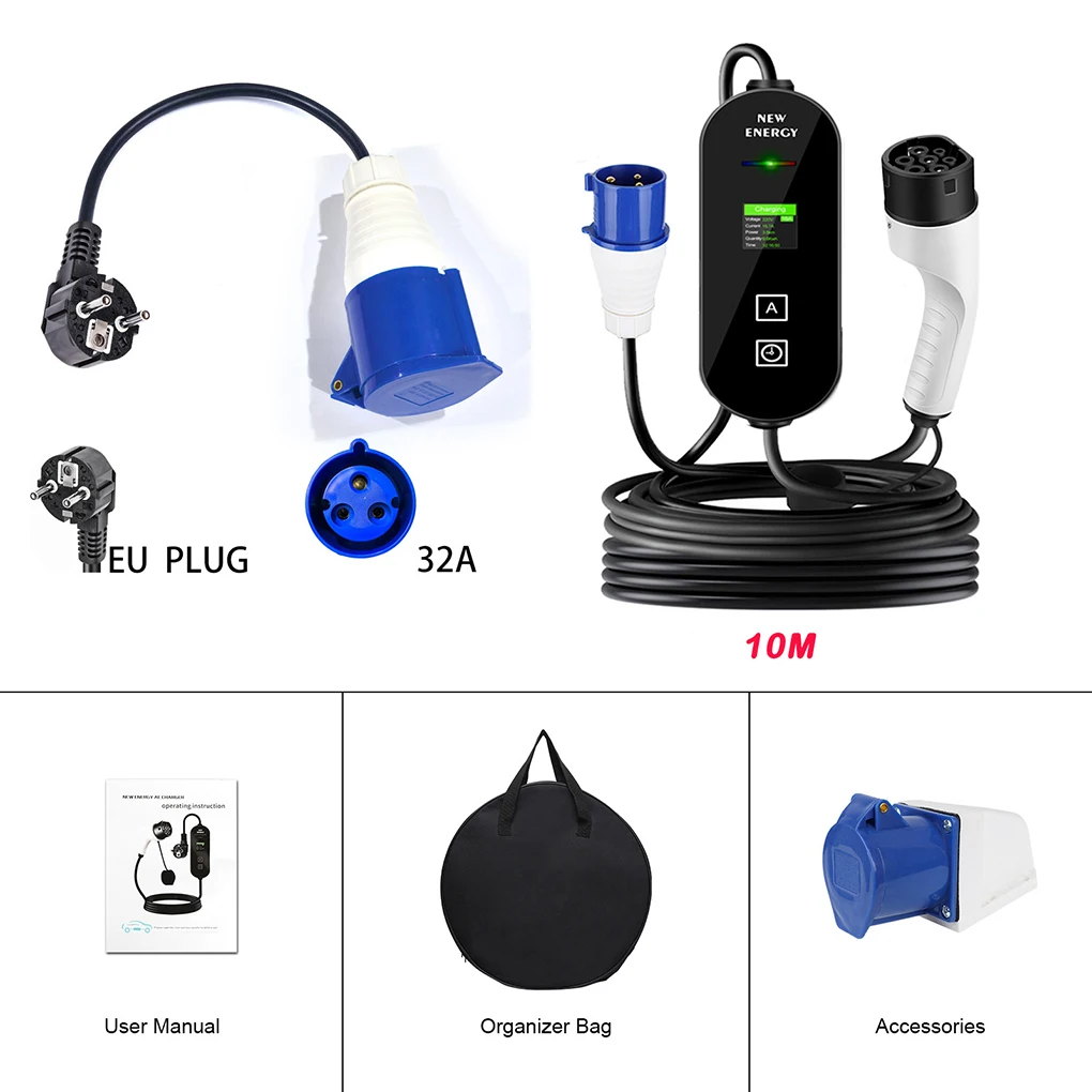 

Portable 5M/10M 7KW 32A Single Phase CEE 3PIN Car Electric Charger Type 2 With Handbag EV Charger 10M 32A 7KW EU
