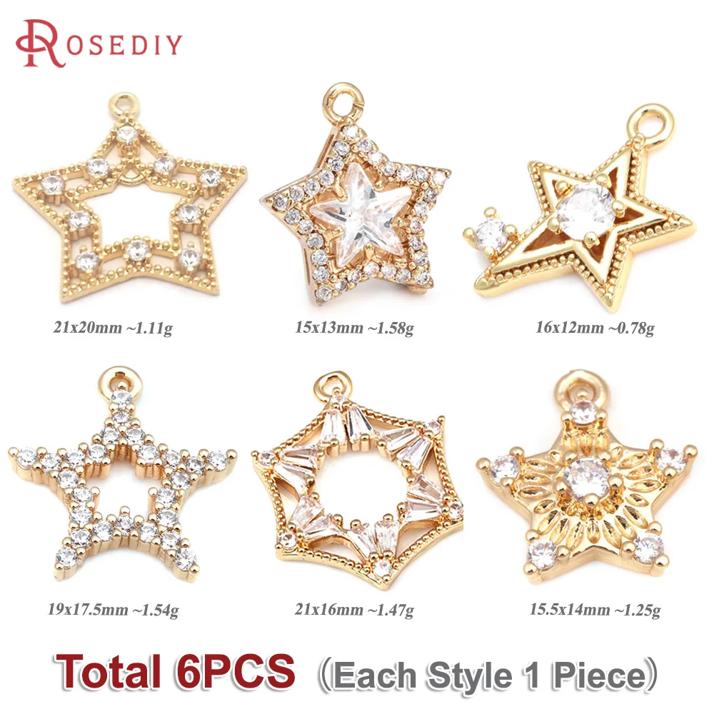 Total 6PCS (Each Style 1 Piece) Brass Mixed Star Charms Pendants Necklace Earrings Jewelry Accessories Rosediy official-website