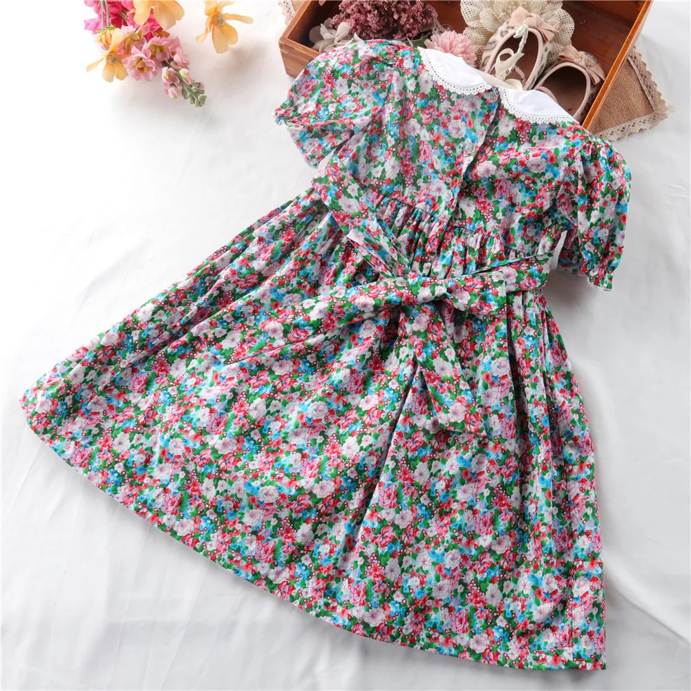 Kids girls handmade floral smocked dresses summer 2024 toddler girl flower smock dress for party wedding baby elegant outfit