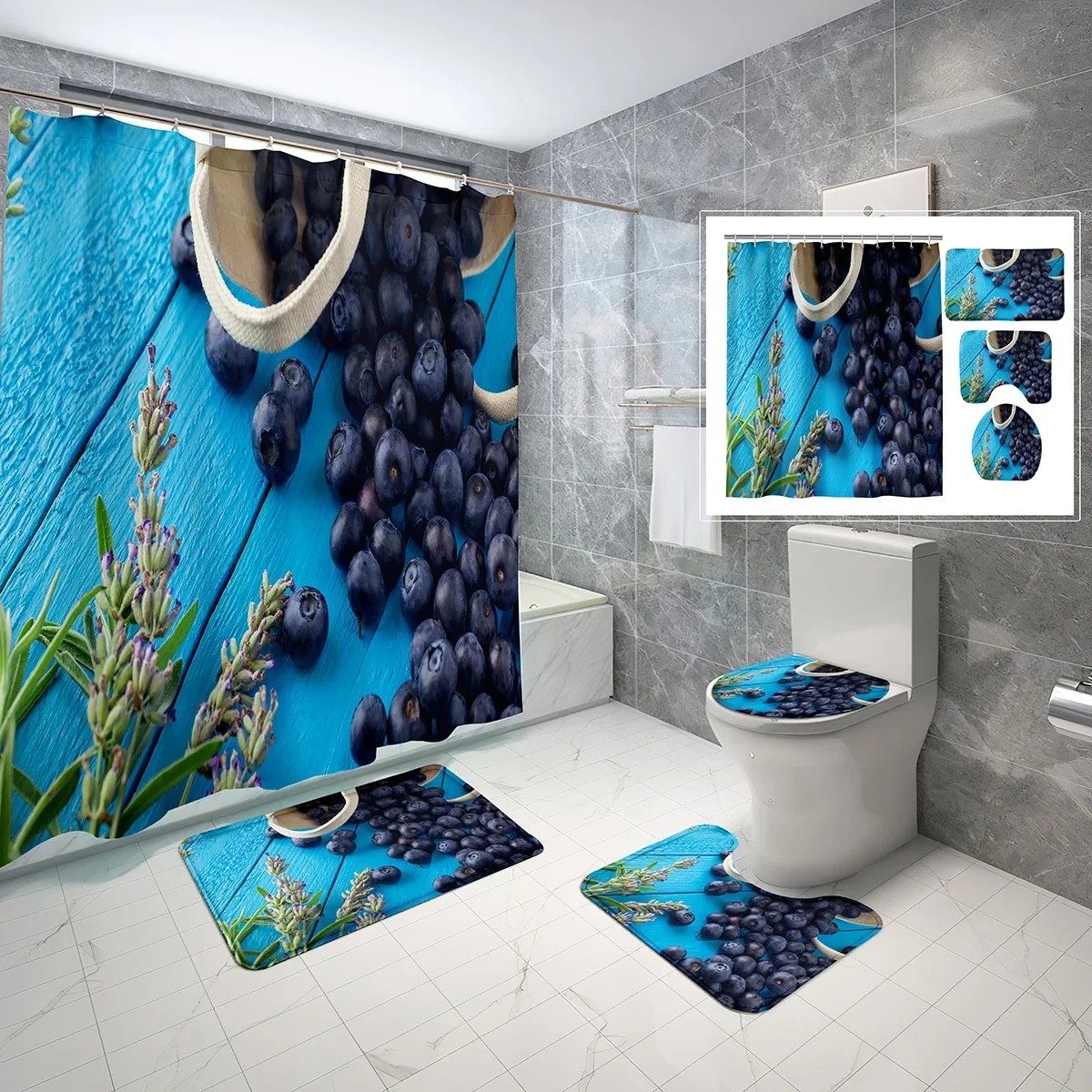 4 Pcs Blueberry Shower Curtain Sets with Toilet Lid Cover and Non-slip Bath Mat Closeup Berries Waterproof Shower Curtain Set