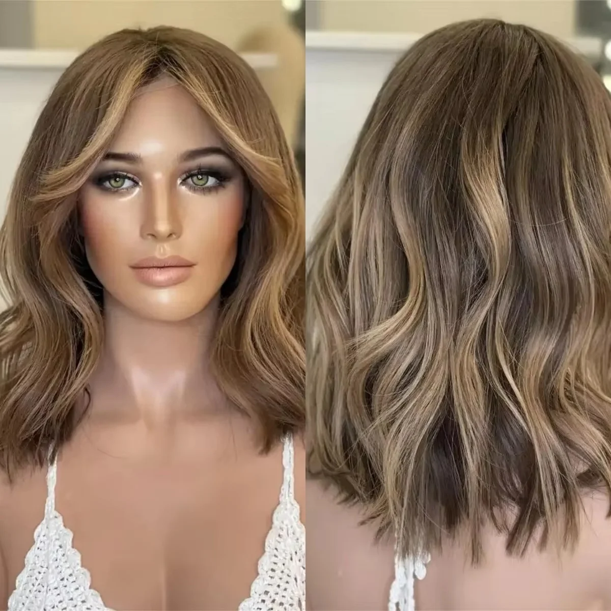 

Парик 150% Плотность 13x4 Ombre Коричневый Блондинка Балаяж Роскошный Синтетический Парик Фронта Шнурка Парики Для Вечеринки Ежедневные Косплей Парики 12 Дюймов Короткая Волна Боб