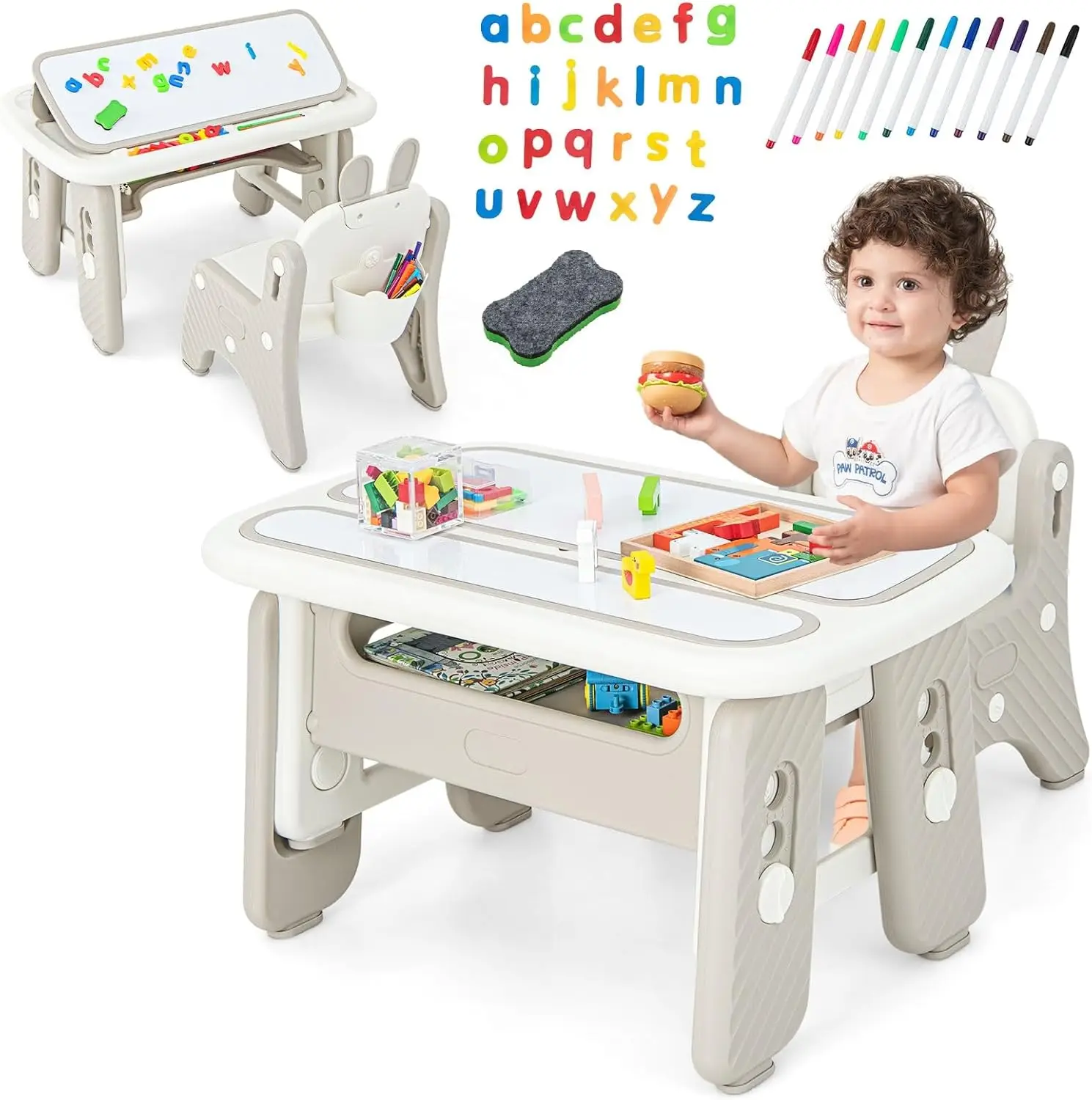 Kids Table and Chair Set, Activity Table with Magnetic Drawing Board 4 Gears Adjustable Height Bookshelf Watercolor Pens,