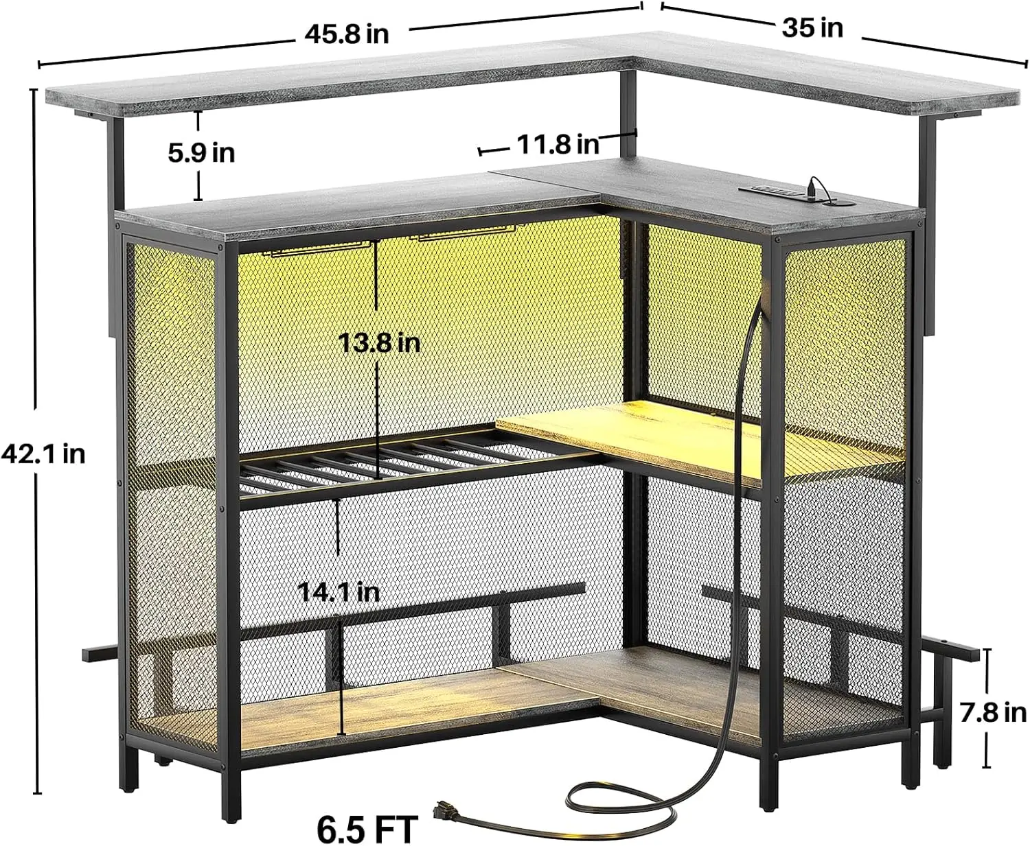 L-förmige Hausbar mit Steckdose und LED-Licht, Eckbarschrank mit Fußstütze, Spirituosenschrank mit Weinglasregal,