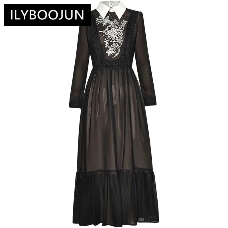 

ILYBOOJUN Fashion Designer Black Vintage Dress Women Lapel Long Sleeve Embroidery Ruffle High Waist A-LINE Slim Long Dress