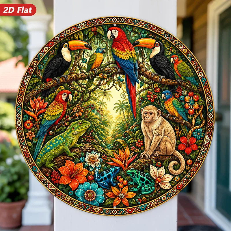 2D Flat - 【2D Flat】 2D Flat - [2D Flat] 2D Flat Print 1pc Round Metal Iron Sign, Wall Art, Tropical Animals Home Decor, Parrot M