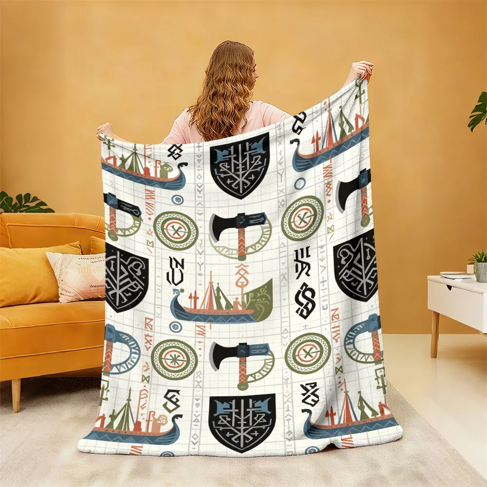 1pc Viking Warship Shield Axe Print 230g Flannel Blanket, Soft Cozy Throw Blanket For Sofa Leisure And Office Break Nap