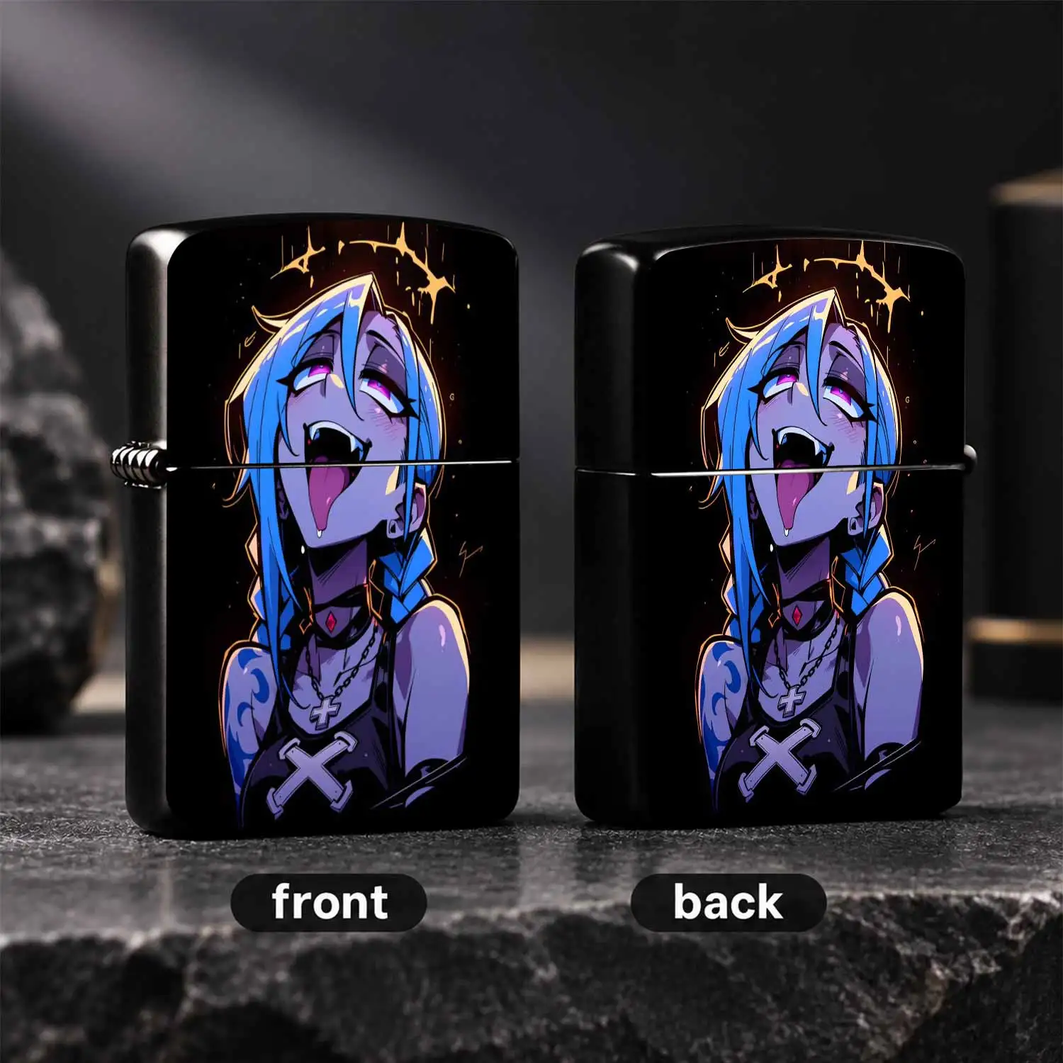 Stylish Anime Crazy Girl Printed Lighter, Cool Blue-Haired Playful Expression Portable Ignition Device, Ideal For Daily Carrying, Outdoor Camping, Lighting Candles, Creating Cozy Vibe, Creative Trendy Practical Gift For Friends And Anime En