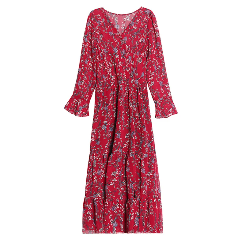 Robe mi-longue en mousseline de soie florale pour femmes, imprimé vintage, rouge, bohème, manches longues, élégante, tambour, fête, éducatif, automne, hiver, 2024