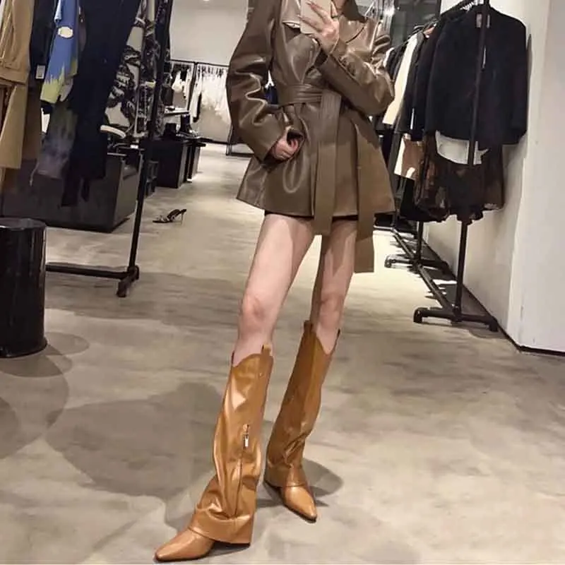 

Long Barrel Pointed Toe Knight Boots Slope Heel Trouser Botines Side Zip Knee Botas Femininas Zapato de Tacón Chaussure Femme