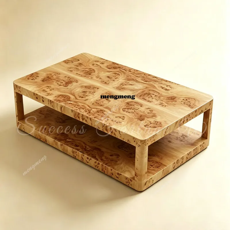 Medieval natural wood grain double-layer coffee table solid wood living room designer light luxury minimalist storage table
