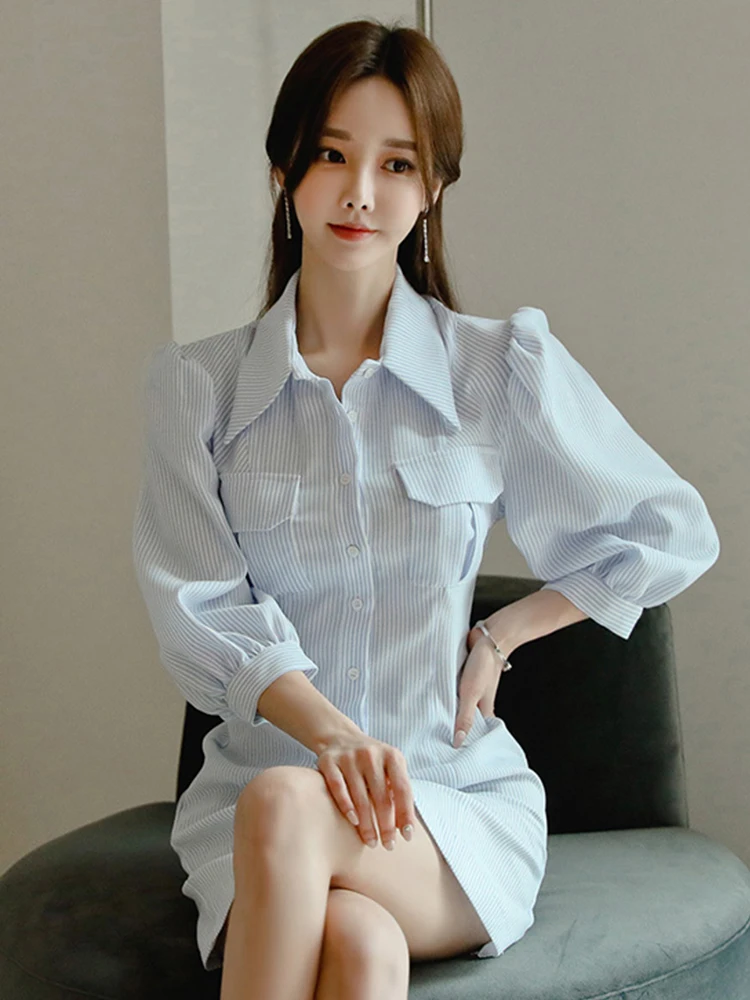 Damesmode elegante zoete shirtjurk casual polokraag bubble mouw zakken korte jurk dame streetwear vestido dagelijks gebruik