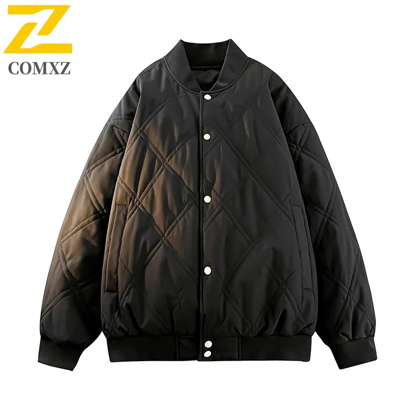 COMXZ 2025 Mens Womens Winter Duck Down Baseball Collar Puffer Jacket Korean-Style Warm Cotton-Padded Solid Color Casual Coat