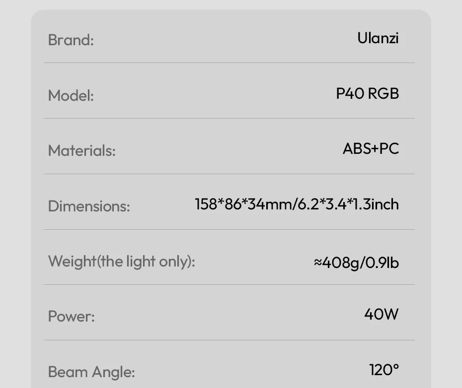 Ulanzi P40 Bi/P40 RGB 40W Videoleuchte 14000Lux 37Wh mit LED-Anzeige für Porträt Stillleben Fotografie Schießen Lichtmalerei – Detail 21