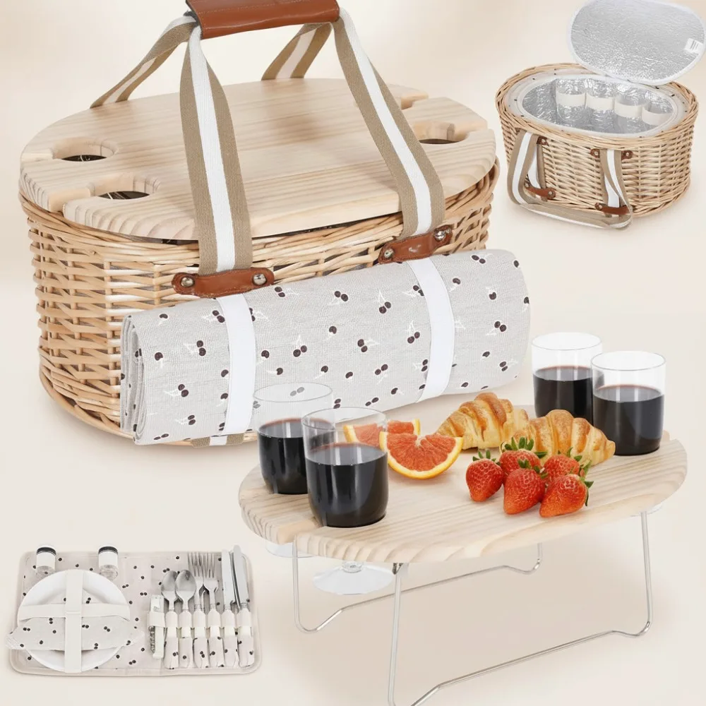 

4-Person Insulated Picnic Basket Set with Waterproof Blanket, Folding Table & Cutlery - Outdoor Camping Romantic Gift