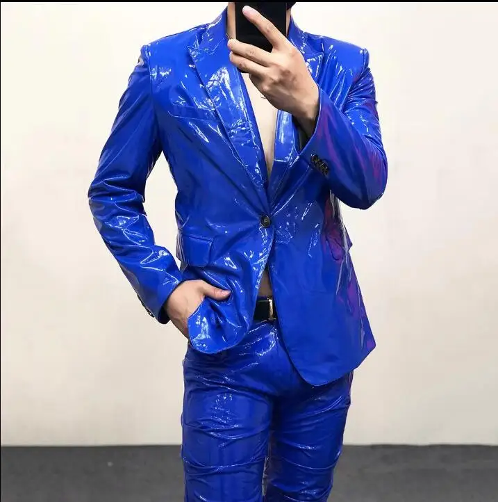 

S-6XL New Hot European and American Personalized Fantasy Mirror Shiny Leather Suit Men's Large Performance Lacquer leather jacke