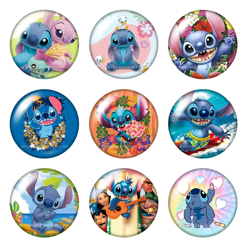 Cute Stich Science fiction Cartoon 10pcs Round 12mm/18mm/20mm photo glass cabochon flat back making Findings for keychain
