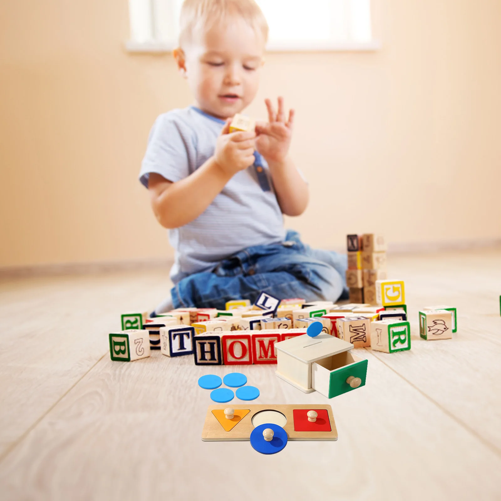 

2 Set Wooden Coin Box Box Geometric Boards Educational Montessori For Toddlers Wood Block Puzzles Playthings