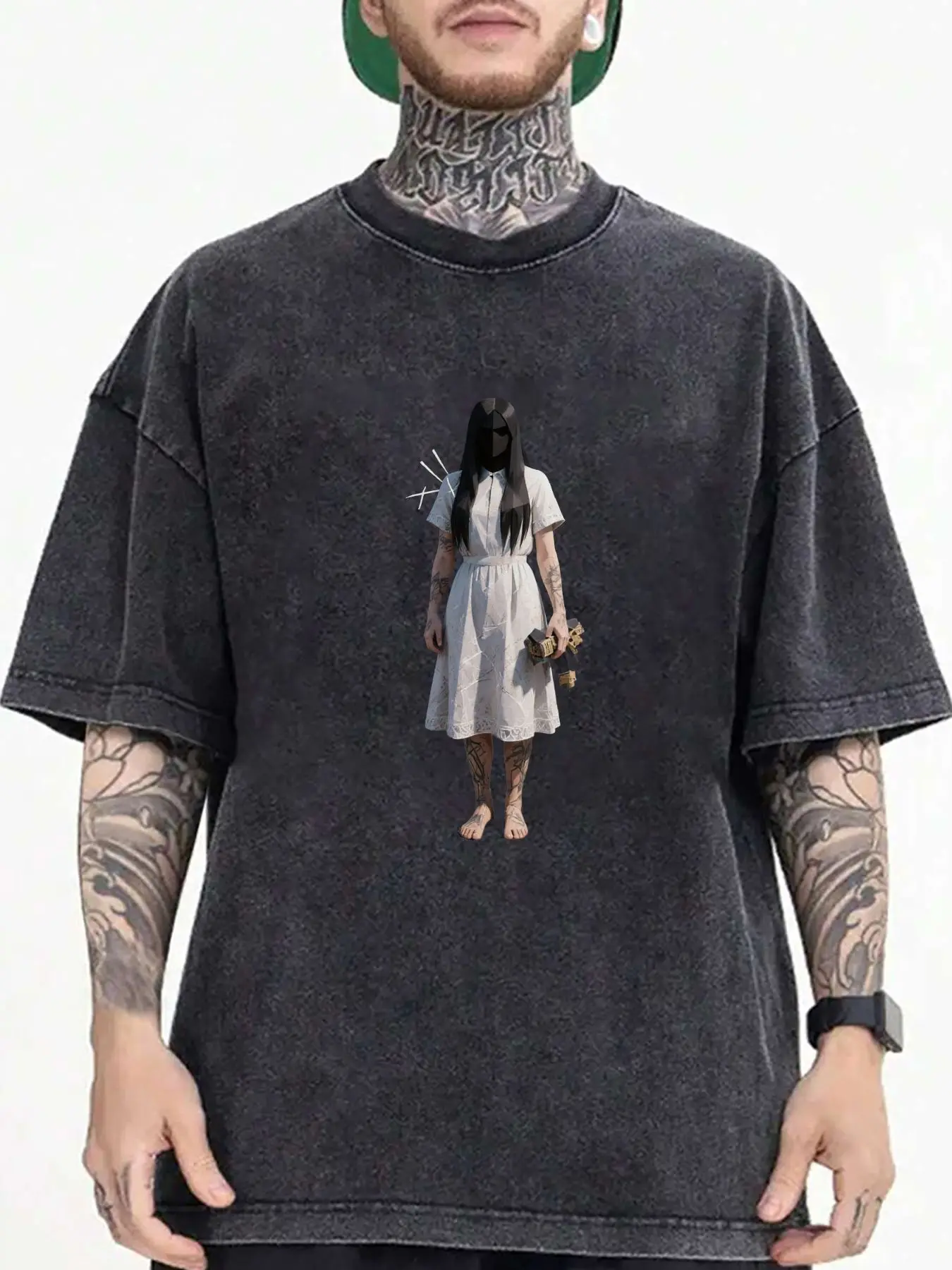 Unisex Loose Fit T-Shirt - Dark Gray Vintage Acid Wash Hip Hop Street Style T-Shirt with Mysterious Girl and Teddy Bear Graphic Print, Soft and Breathable Loose Fit Short Sleeve Round Neck Casual Halloween Gothic Style Top, Unisex Hip Hop Style