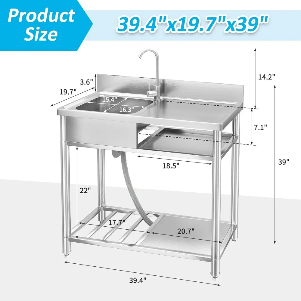 حوض أدوات قائم بذاته من مادة البولي بروبيلين مع استنزاف وصنبور، أبيض، مقاس واحد، مثالي للاستخدام المنزلي والتجاري