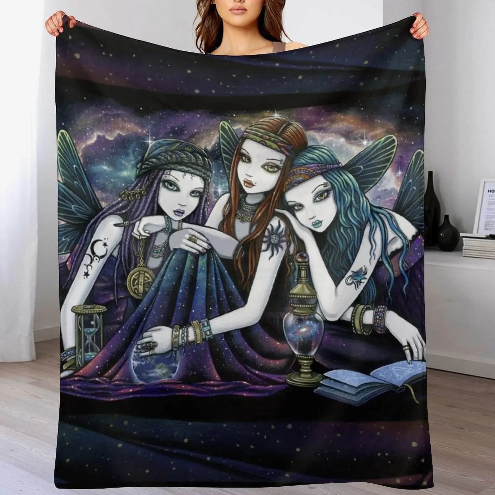 

The Seraphina Bohemian Celestial Sisters Nebula Fairies Throw Blanket Camping Summer Flannel Fabric Blankets