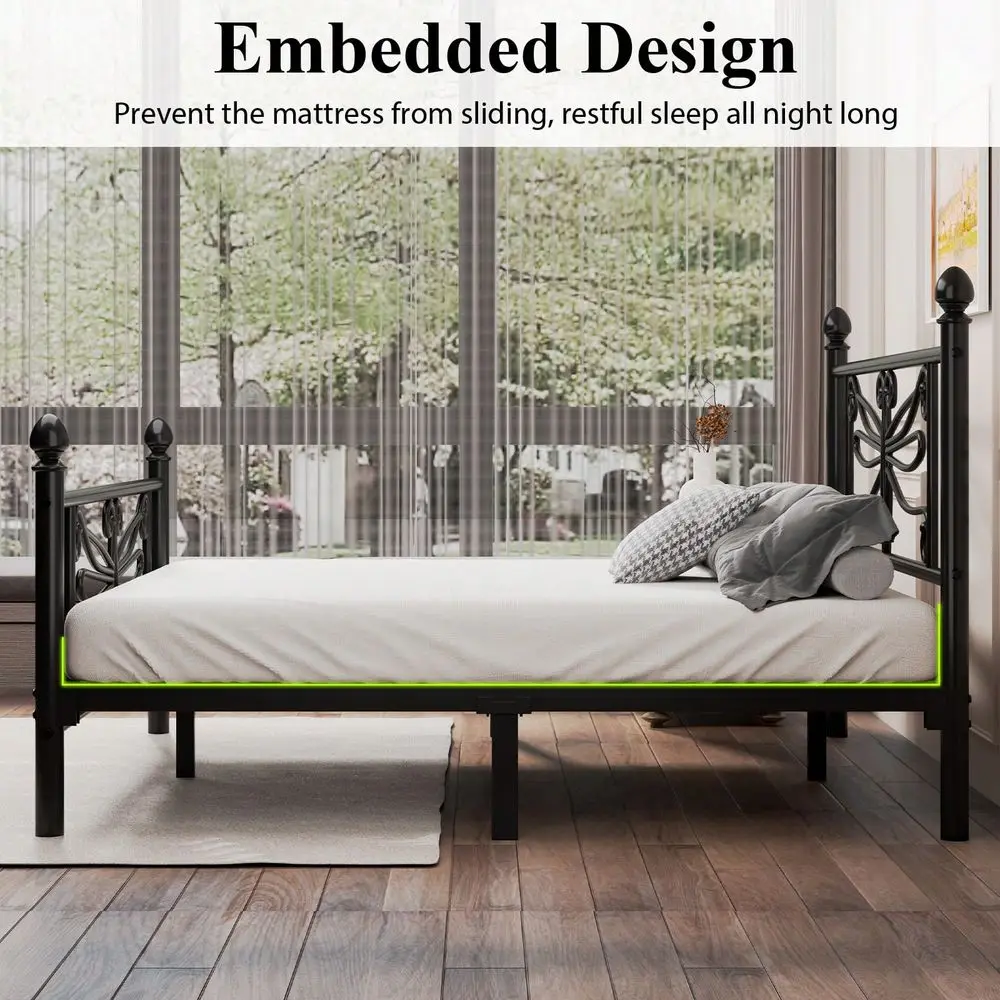 Cama con plataforma de metal elegante tamaño Queen con cabecero y piecama con diseño de libélula, estructura robusta y estable, almacenamiento debajo de la cama, fácil montaje