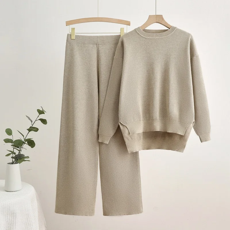 Fall Winter Elegant Women Knitted 2 Piece Sets Warm Korea New Casual 0-neck Sweater Tops Conjunto Soft High Waist Pants Outfit