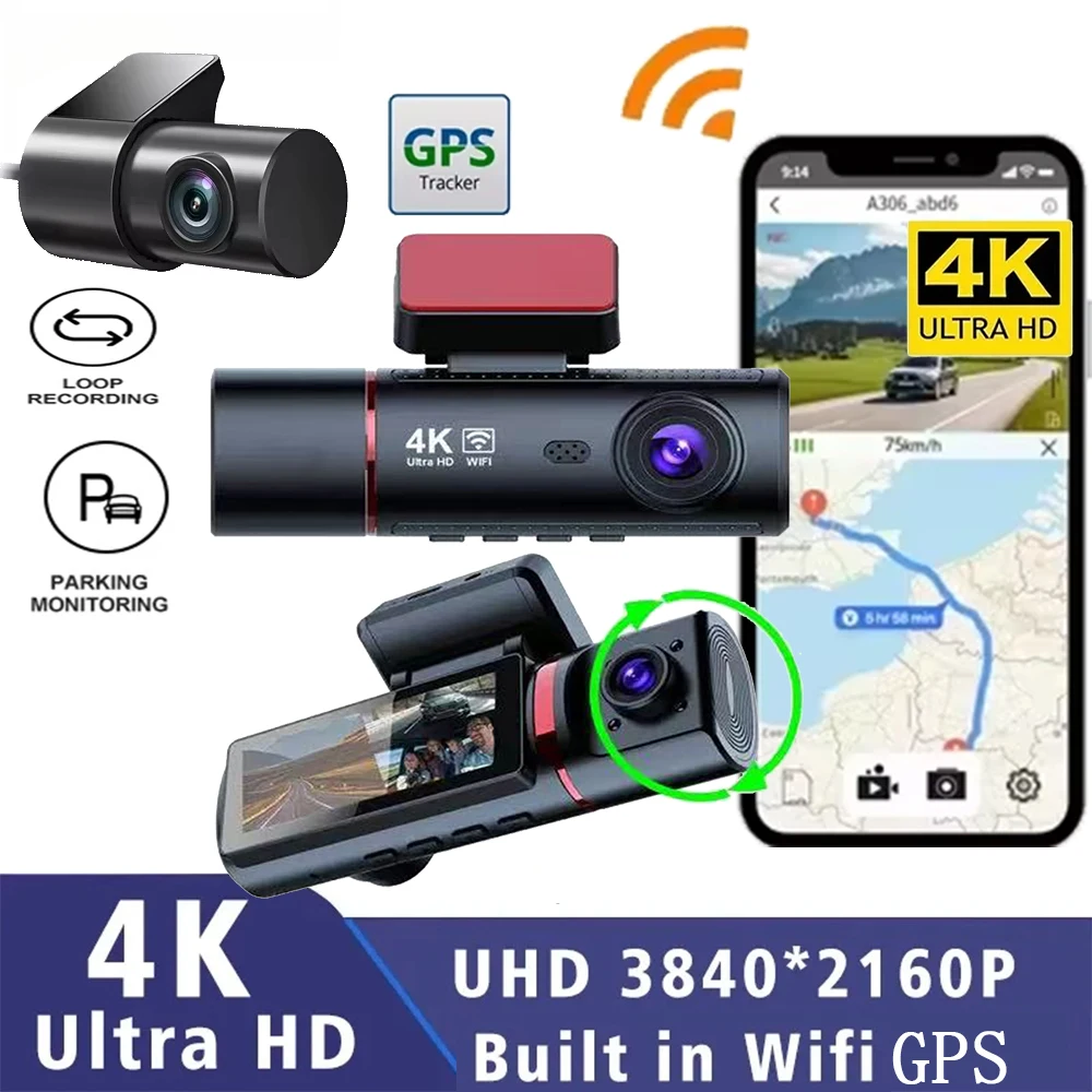 Cámara de salpicadero 4K HD de 3 canales, 3 lentes delanteras, interiores y traseras, DVR para coche, GPS, Wifi, DVR, grabadora de vídeo, cámara para coche, Monitor de estacionamiento 24h