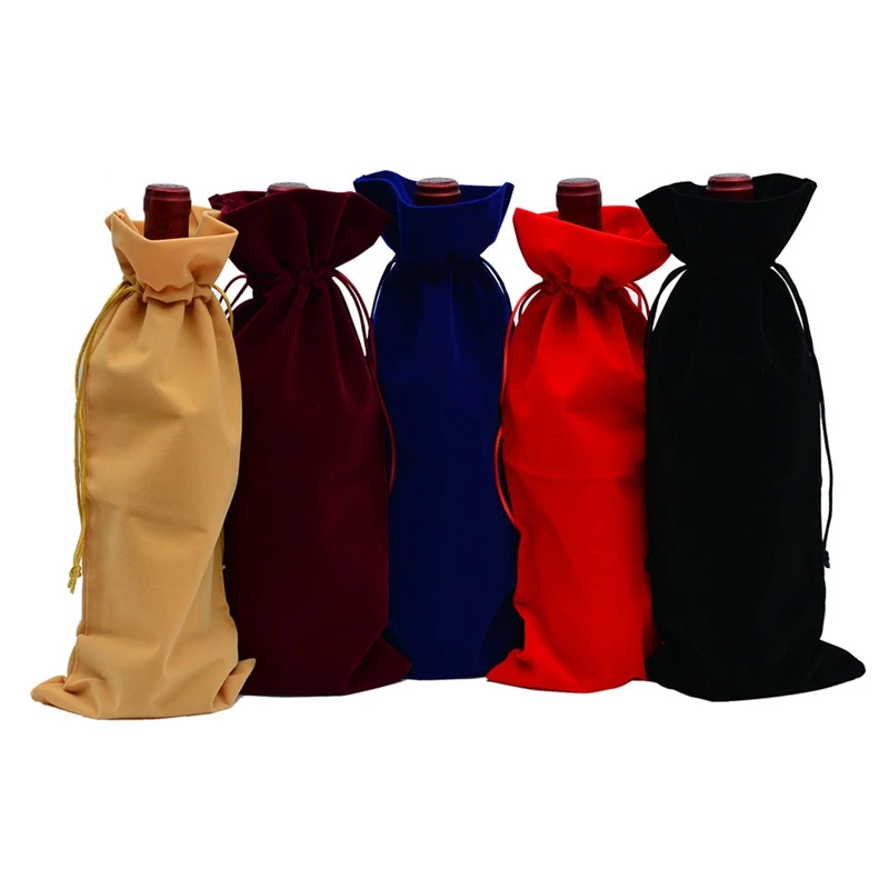 1Pcs 15*35cm Velvet Red Wine Bottle Bags Covers Drawstring Flannel Wedding Party Gift Packaging Pouch