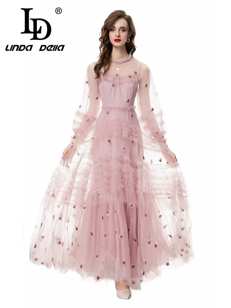 

LD LINDA DELLA Summer 2024 luxury designer party Dresses for women Elegant Net Yarn Flowers Embroidery Ruffles Princess Dresses