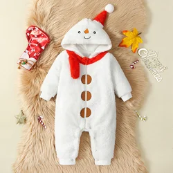 Winter Baby Warm Plush Jumpsuit Long Sleeve Hooded Zipper Closure Winter Christmas Romper Snowman Costume for Boys Girls