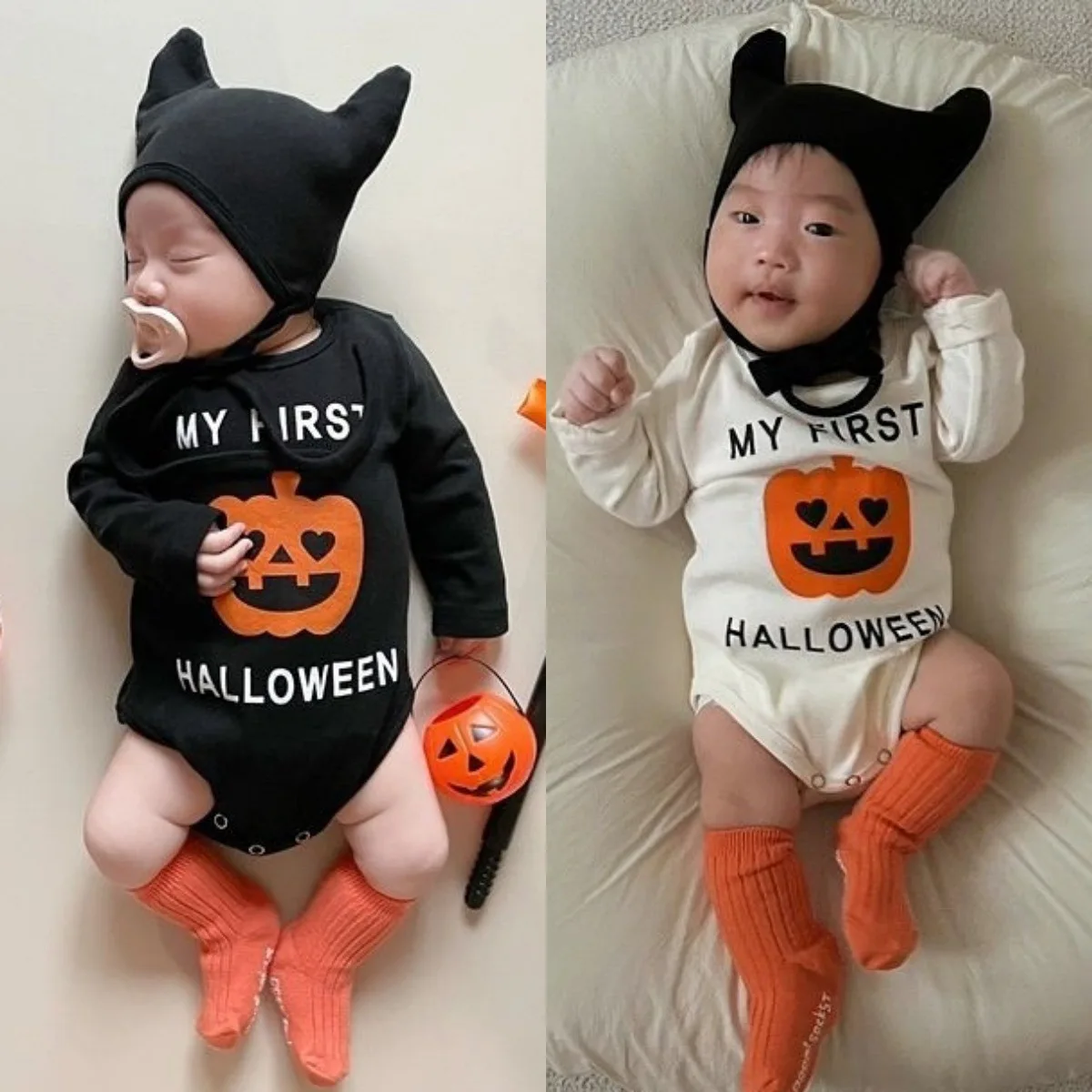 

‌Autumn 2025 Korean Style Baby Bodysuit Set Ins Pumpkin Print Halloween Baby Romper