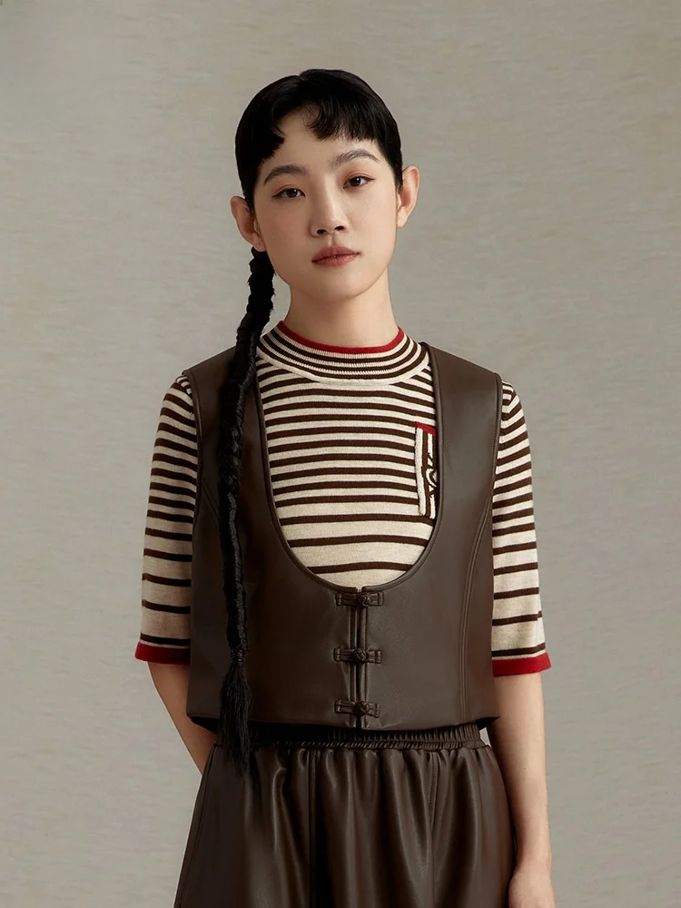 

Casual Sle ort Biker Leather Vest Personalized Ci Ding New Model Button Disk Versatile Women's Faion Outerwear