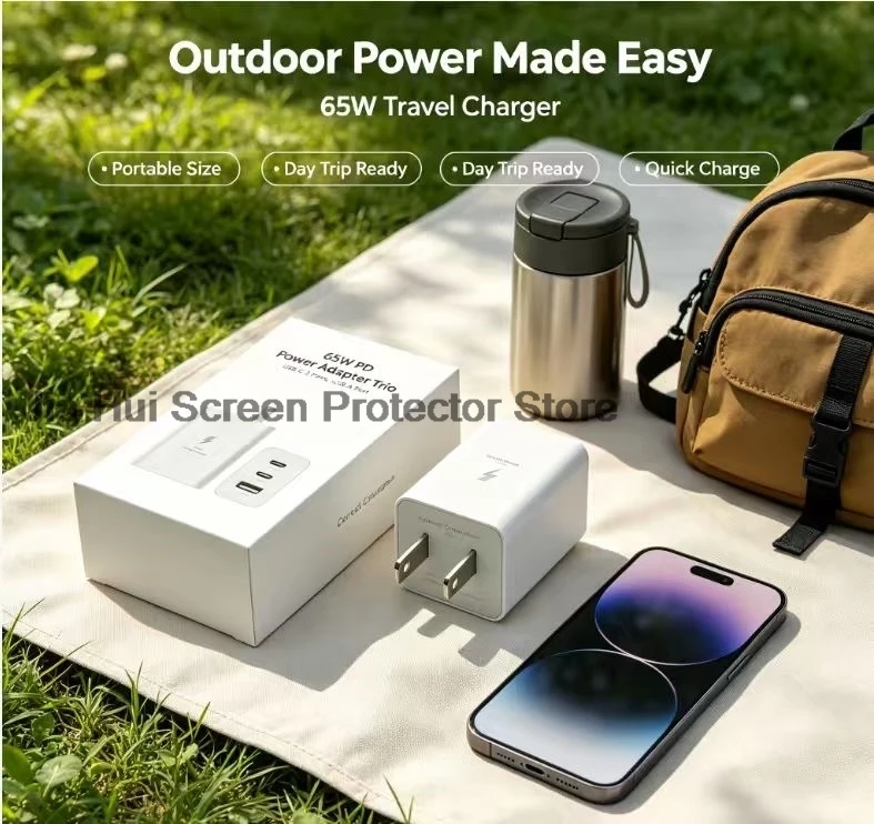 65W GaN US Plug Power Adapter, USB‑C USB‑A Dual Output Compact Fast Charger For Home Travel Charge Multiple Electronic Devices