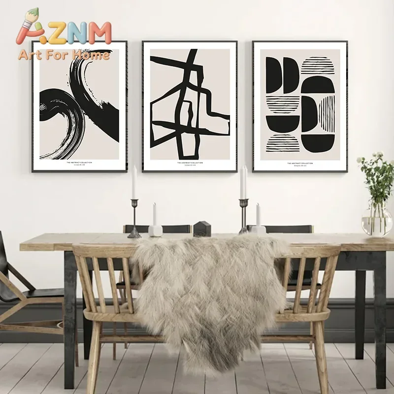 Minimalist Paint Strokes Abstract Wall Art Print Black and Beige Line Scribbles Poster Mid Century Brush Geometric Picture Decor