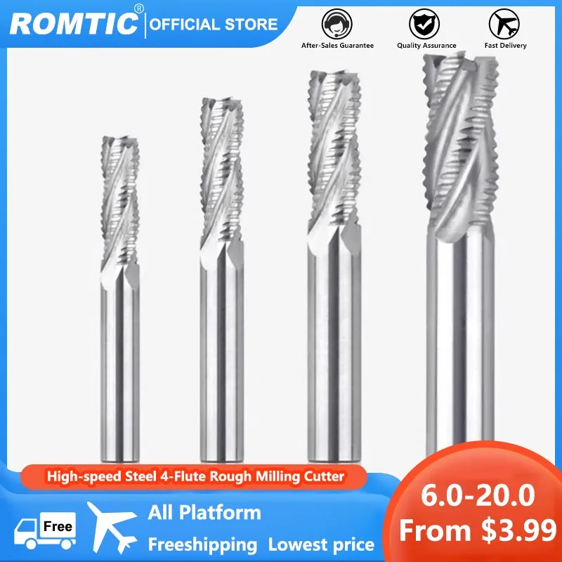 

ROMTIC High-speed Steel 4-Flute Rough Endmill For Aluminum CNC Mechanical Machining Center Milling Cutter Tools