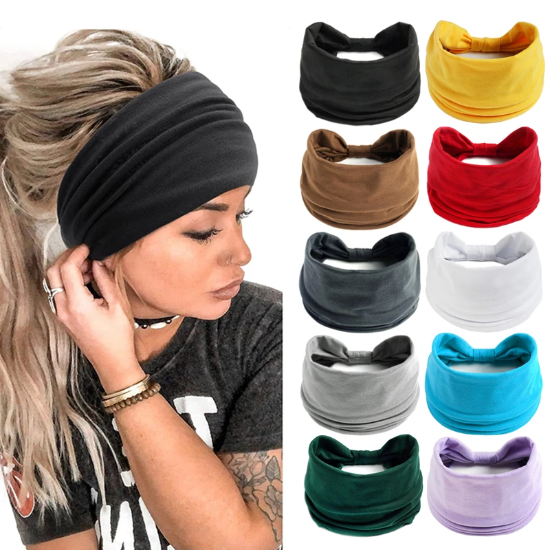 1pcs Solid Color Wide Headbands Vintage Knot Elastic Turban Headwrap for Women Girls Cotton Soft Bandana Hair Accessories