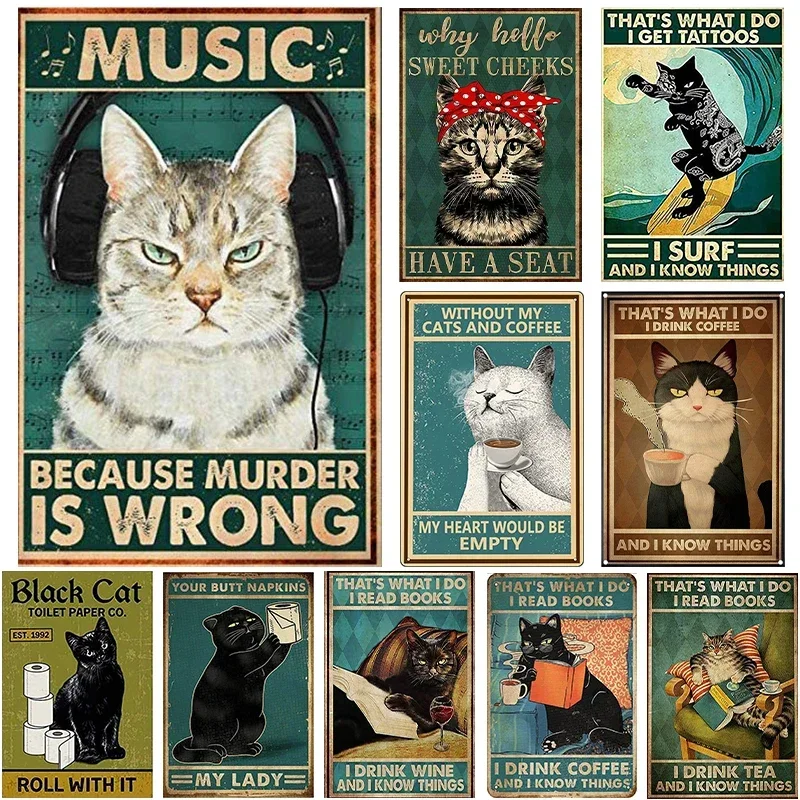 Cat Painting Metal Sign Cat And Music Tattoo Drink Napkin Read Wash Paw Bake Yoga Vintage Tin Plate Wall Poster Home Decor