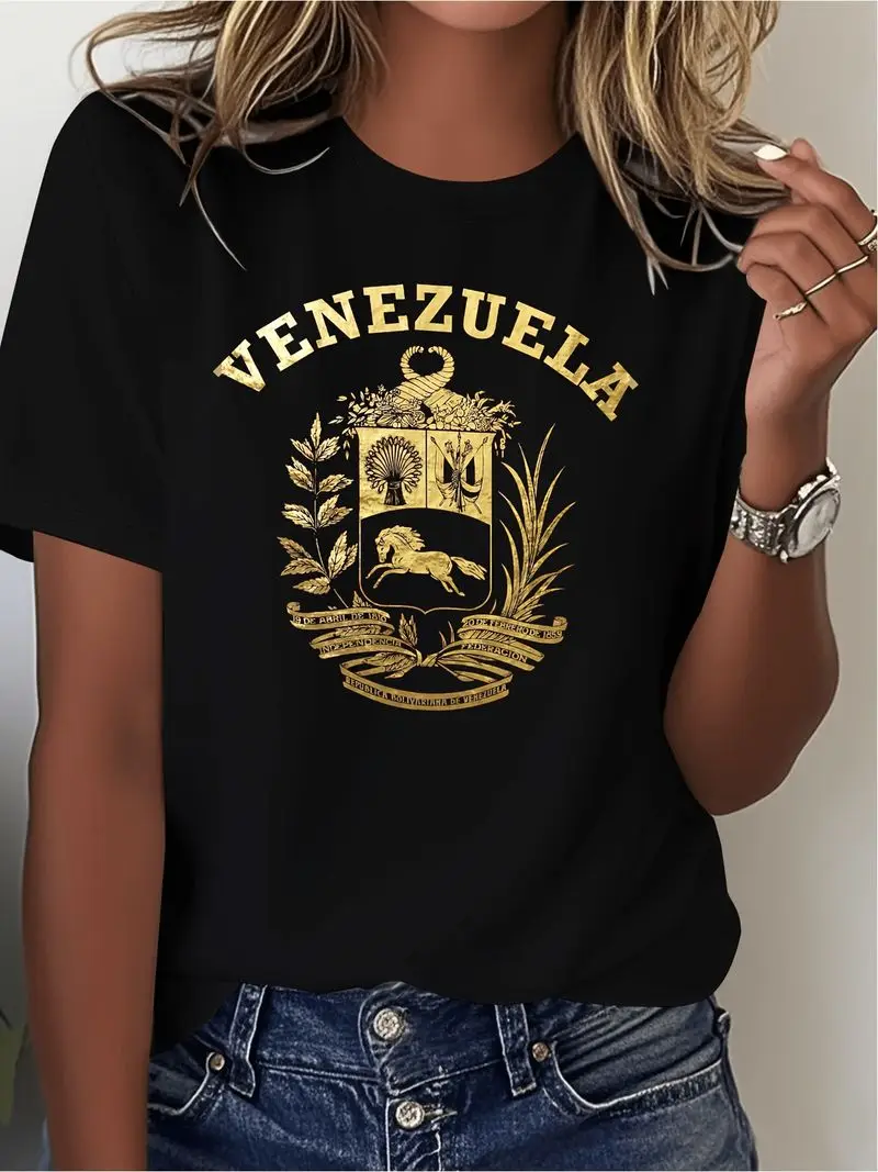 Women's Pure Venezuelan Golden Foil T-Shirt Short Sleeve Casual Top With Venezuelan Currency Print Bsjv Machine Washable Tee