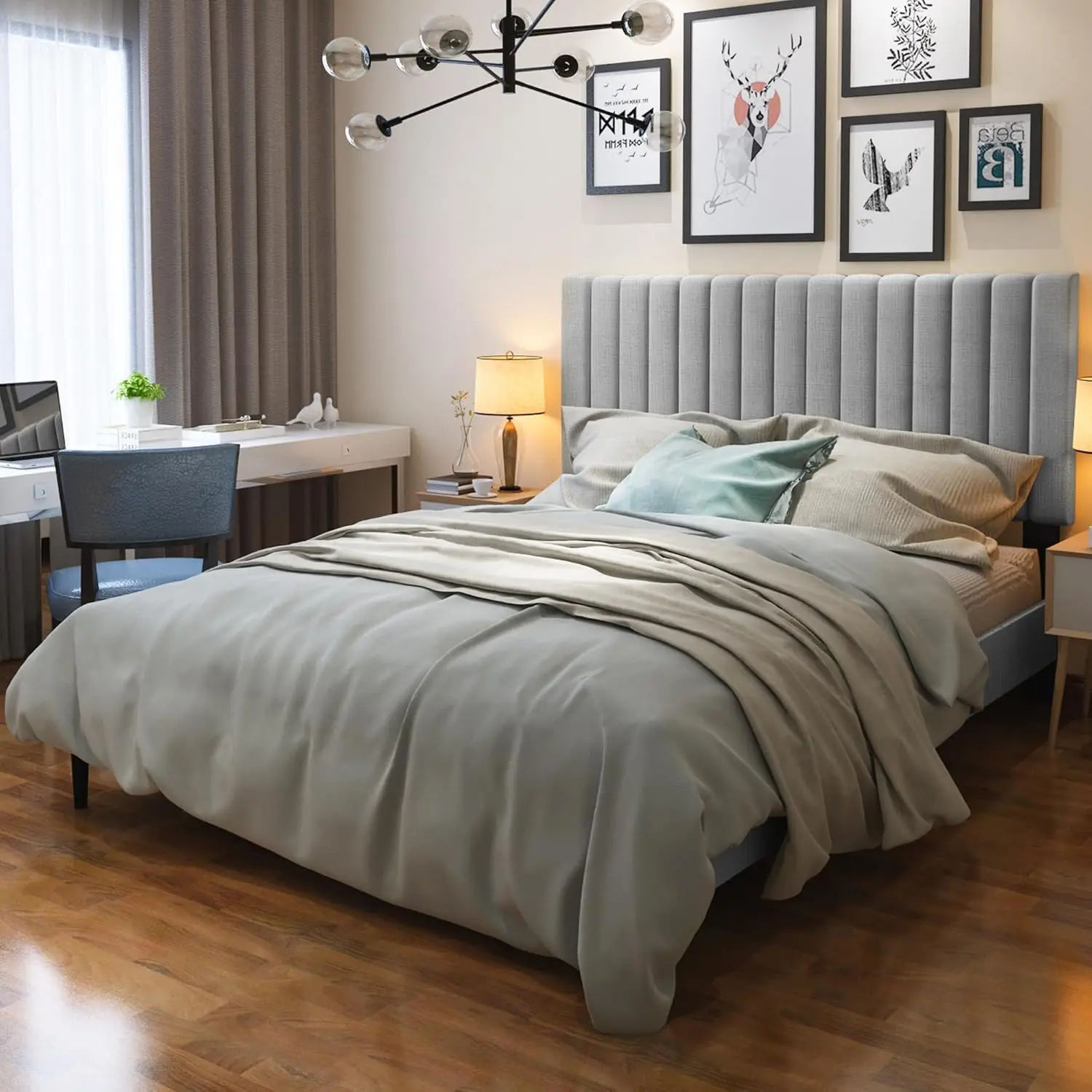 

Large Bed Frame with Velvet Cushioned Headboard, Sturdy Platform Bed, No Need for Box Springs, Easy To Assemble (gray)